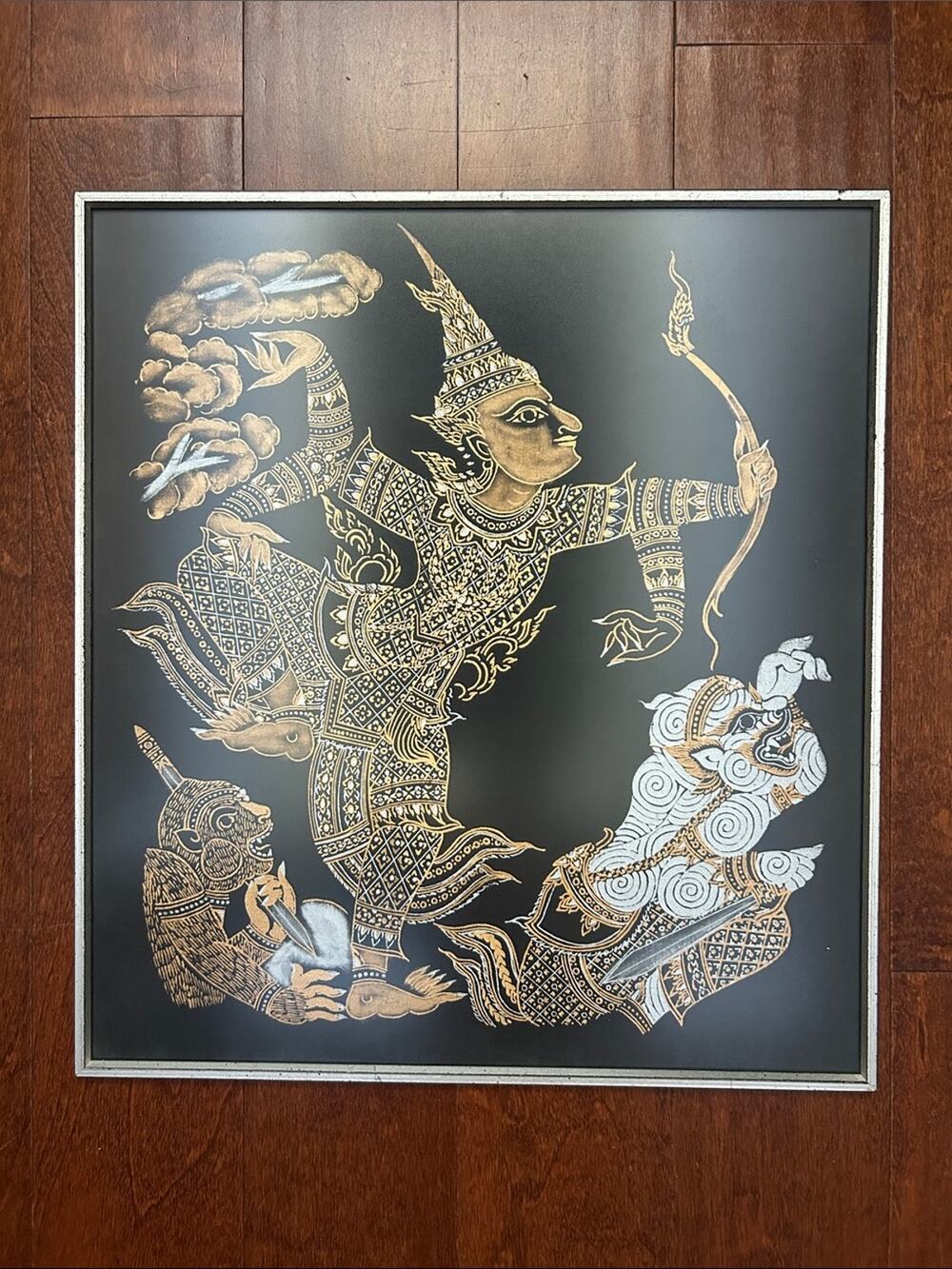 Vintage Mid Century Modern Thai Silk Painting in Cool Frame, Ready to Hang